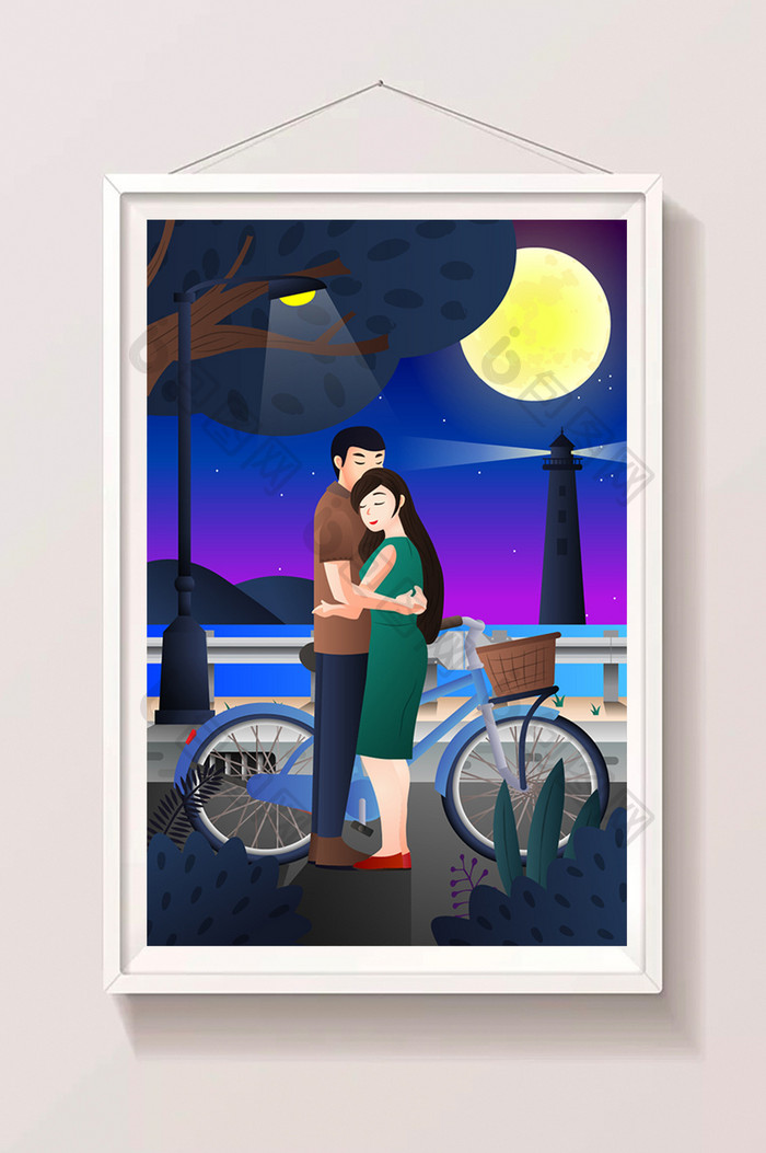 情人节情侣海边灯塔旁骑车约会插画