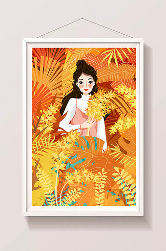 唯美节气立秋插画黄叶丛中的女孩秋季插画图片