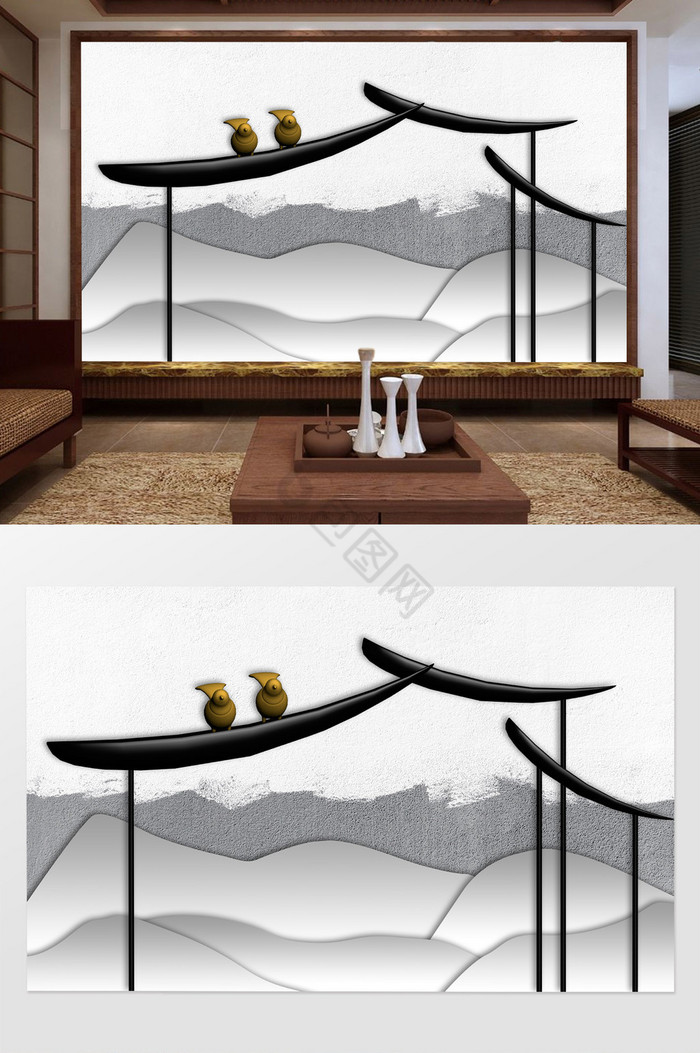 新中式立体意境徽式建筑山水背景墙图片
