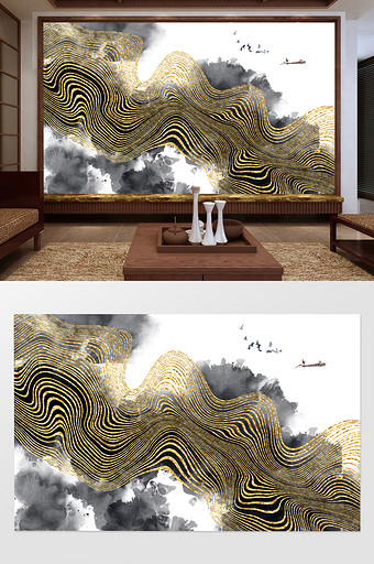 新中式抽象线条船鸟电视沙发背景墙壁画图片