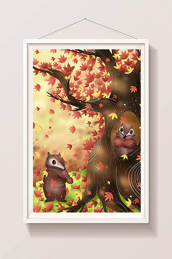 立秋秋天松鼠落叶插画图片