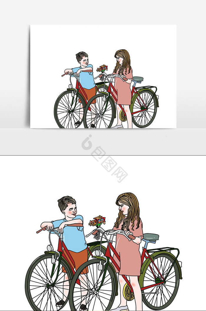 自行车情侣浪漫插画图片
