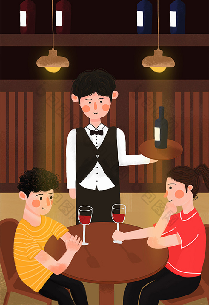 卡通清新七夕情人节西餐厅浪漫情侣插画