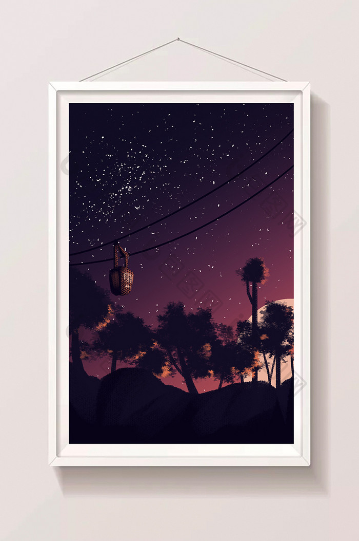 紫红色星空夜晚缆车静谧风景背景插画