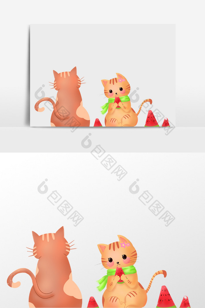吃西瓜的猫咪插画元素