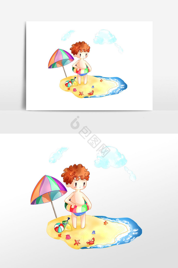 夏日儿童沙滩玩耍插画图片