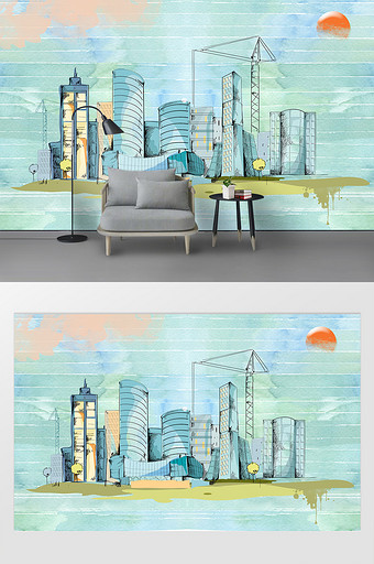 现代简约水彩手绘线条城市建筑电视背景墙图片