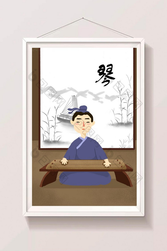 小清新手绘插画中国古典传统文化弹琴插画