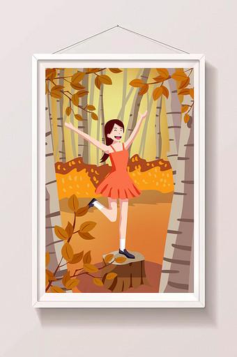 金色立秋森林高兴的女孩插画图片