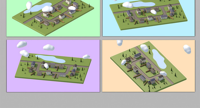 低面卡通房屋小区c4d工程模型