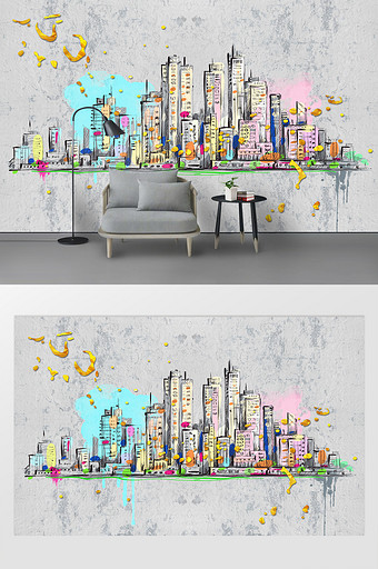 现代简约水彩手绘城市建筑星光电视背景墙图片