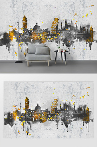 现代手绘水彩欧式城市建筑斑驳电视背景墙图片