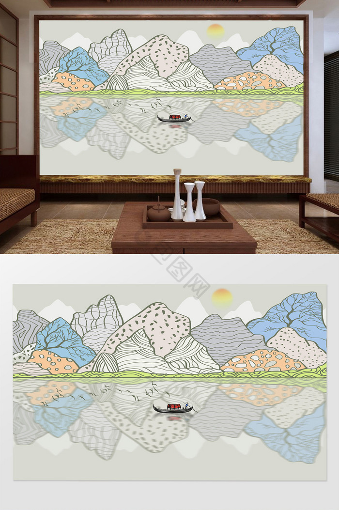 新中式手绘现代抽象写意山水背景墙图片
