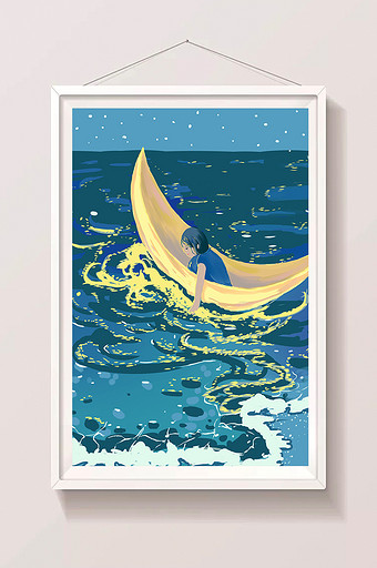星光海边月亮船小女孩浪漫唯美插画图片
