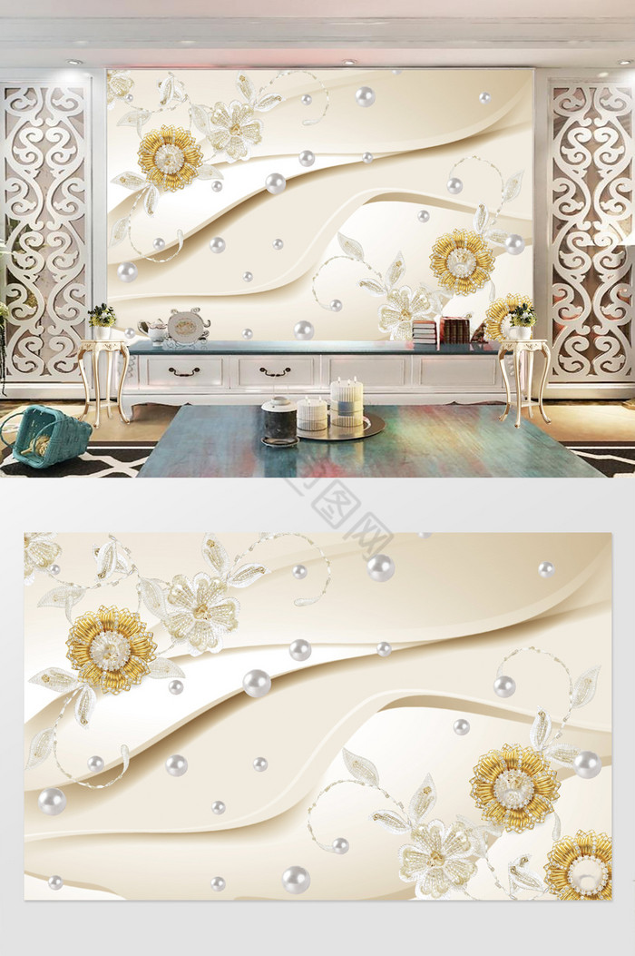 金色珍珠花朵高档奢华珠宝背景墙图片