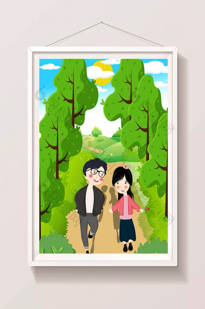 情侣走在林间小路插画图片图片