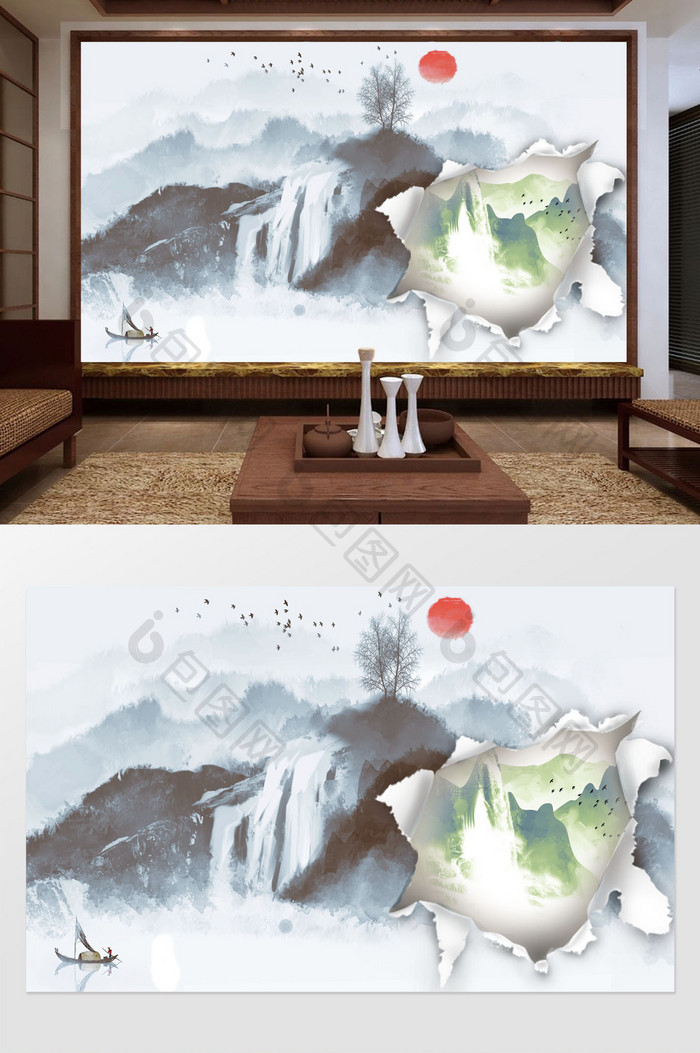新中式创意水墨山水背景墙