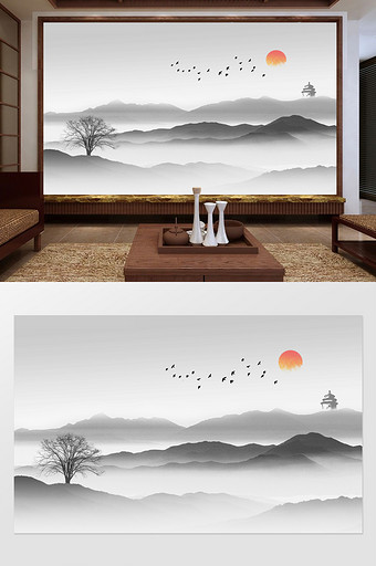 新中式唯美意境风景山水水墨画电视背景墙定图片