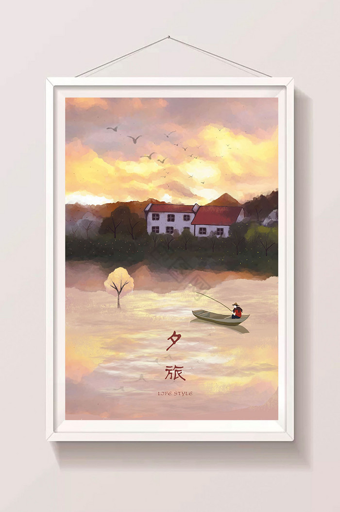 夕阳湖面划船插画图片