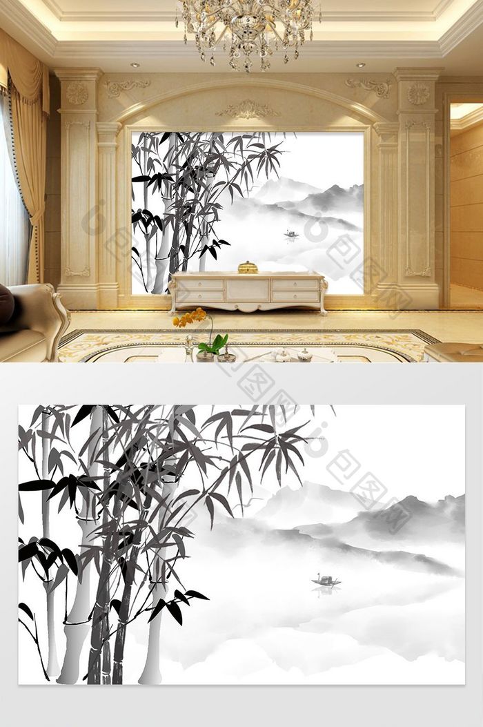 新中式手绘墨竹图写意山水背景墙