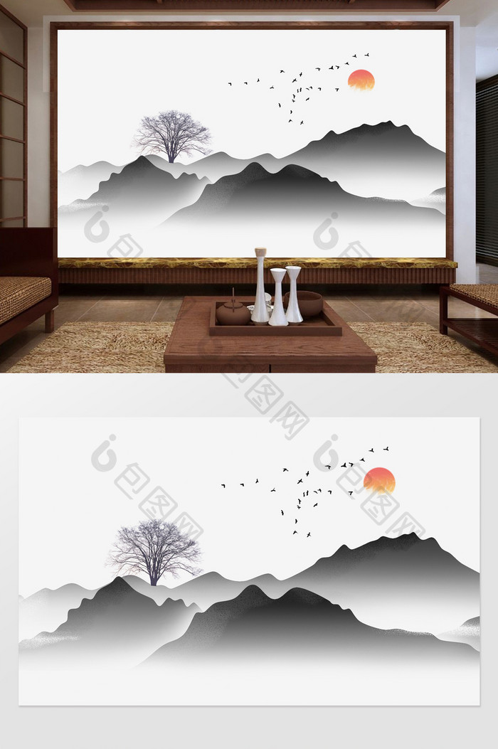 新中式唯美意境风景山水水墨画背景墙定制