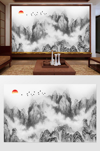 新中式意境水墨山水风景客厅电视背景墙图片