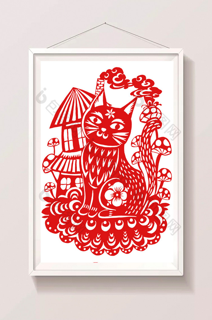 中国传统猫咪剪纸插画