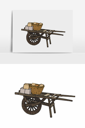 淡彩国画风格的老式独轮车元素图片下载