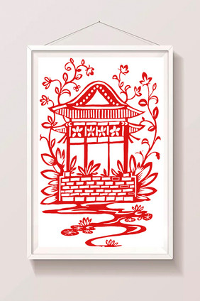 中国风建筑剪纸插画