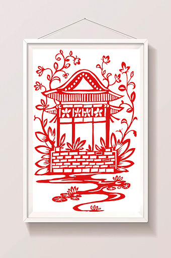 中国风建筑剪纸插画图片