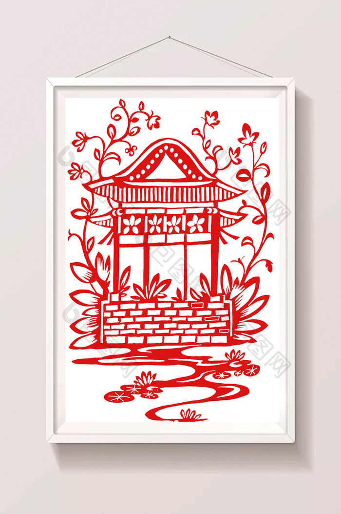 中国风建筑剪纸插画