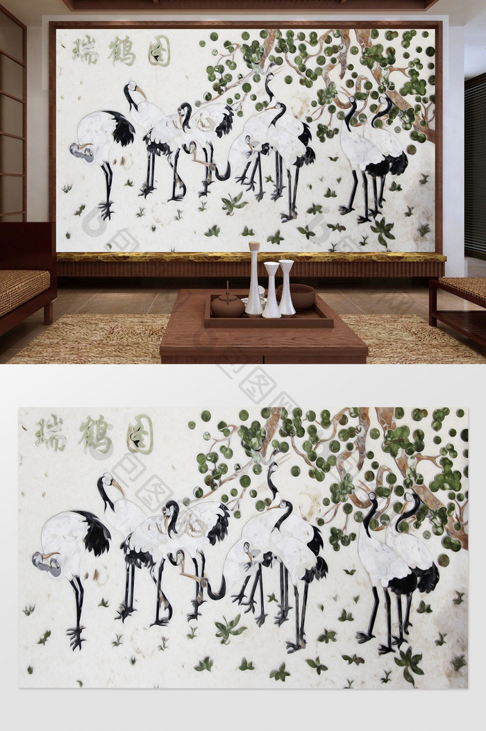 中式手绘油画白鹤电视机背景墙