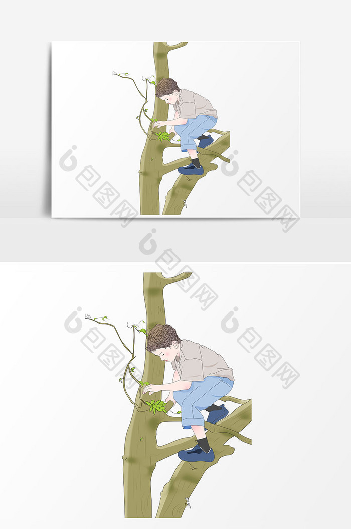 男孩爬树素材插画