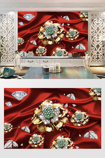 现代奢华立体黄金珠宝花朵绸缎背景墙图片