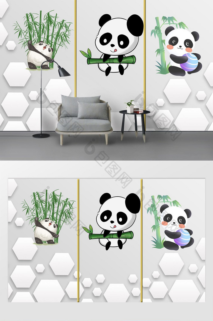 现代创意卡通熊猫砖墙儿童房墙纸背景墙