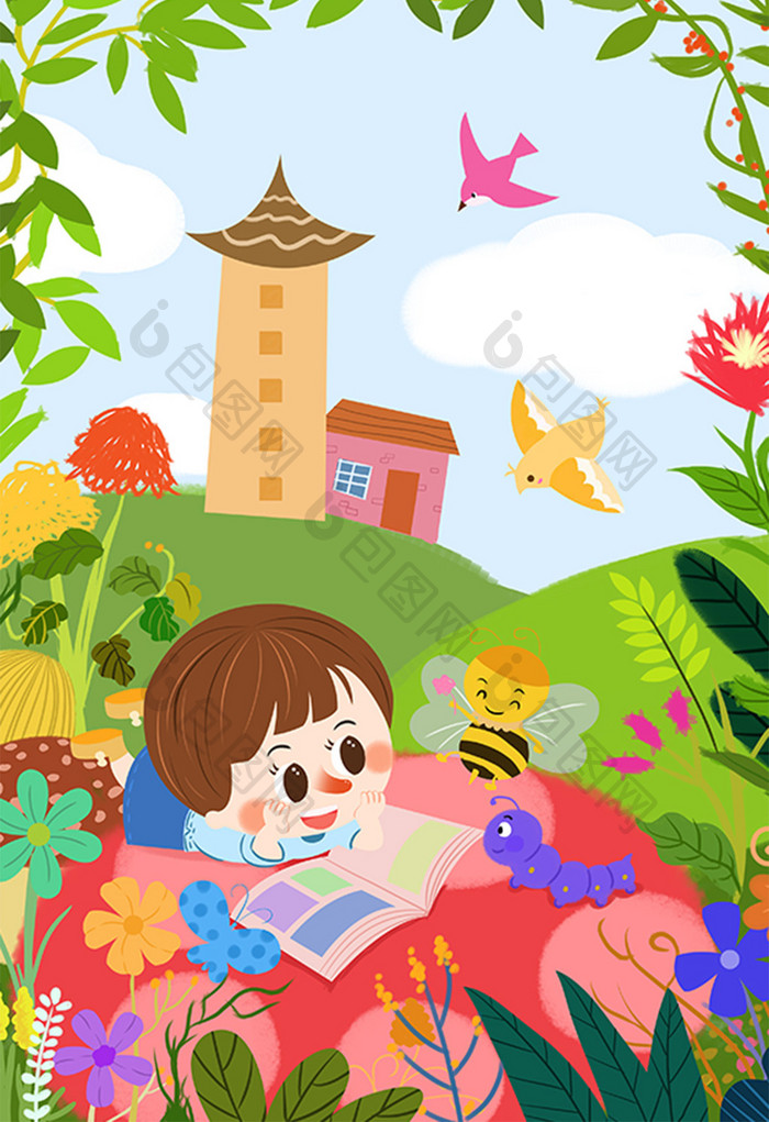 可爱小蜜蜂花大蘑菇小女孩看书儿童插画