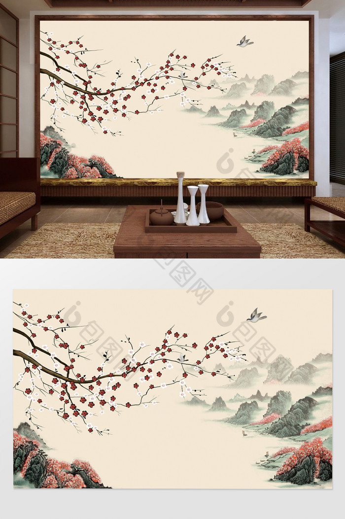 新中式国画山水手绘梅花花鸟电视机背景墙图片图片