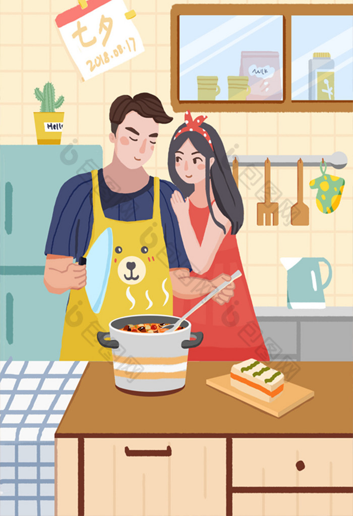 七夕情侣厨房做饭插画