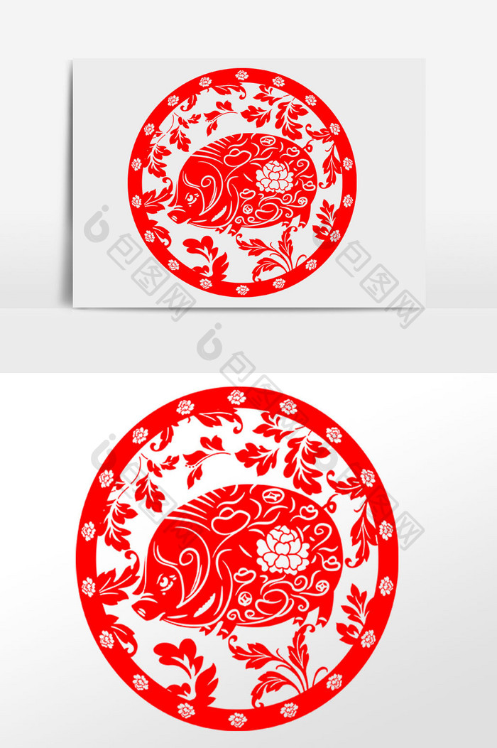 中国十二生肖猪剪纸插画元素