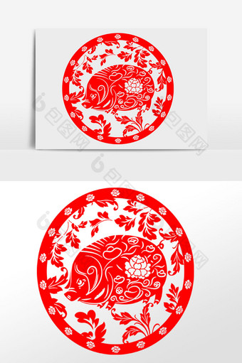 中国十二生肖猪剪纸插画元素图片