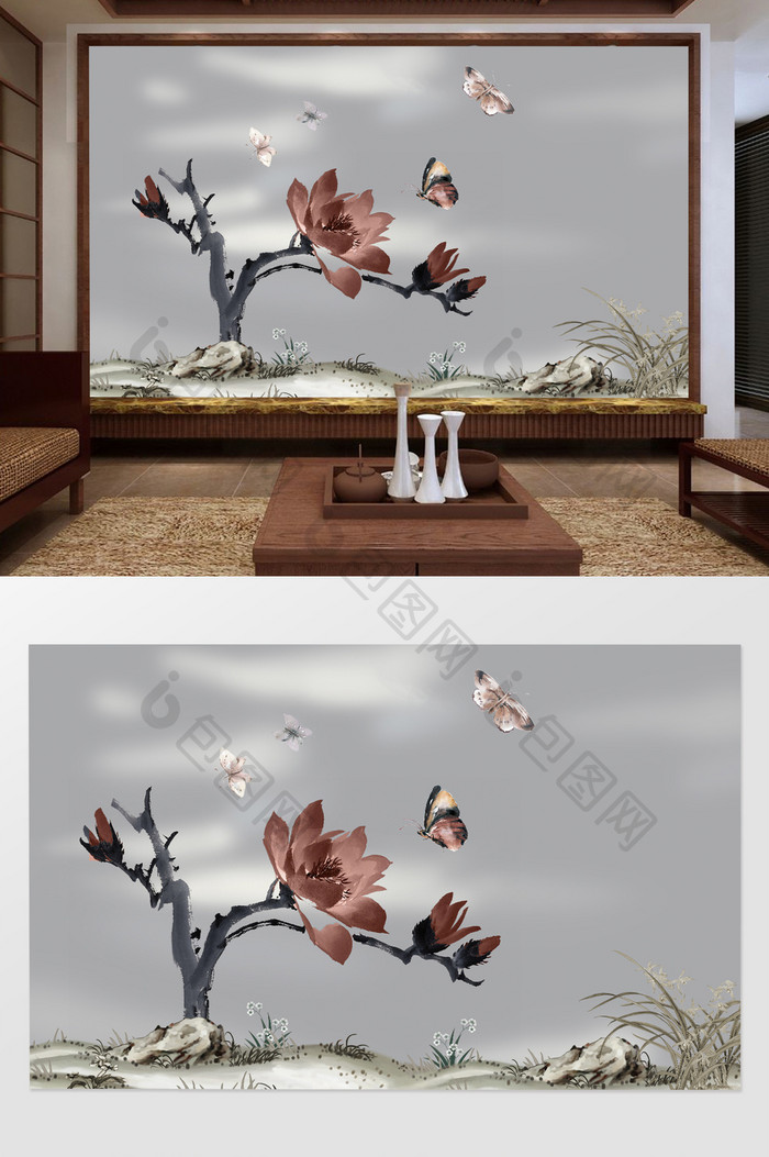 中式淡色草地花鸟电视沙发背景墙