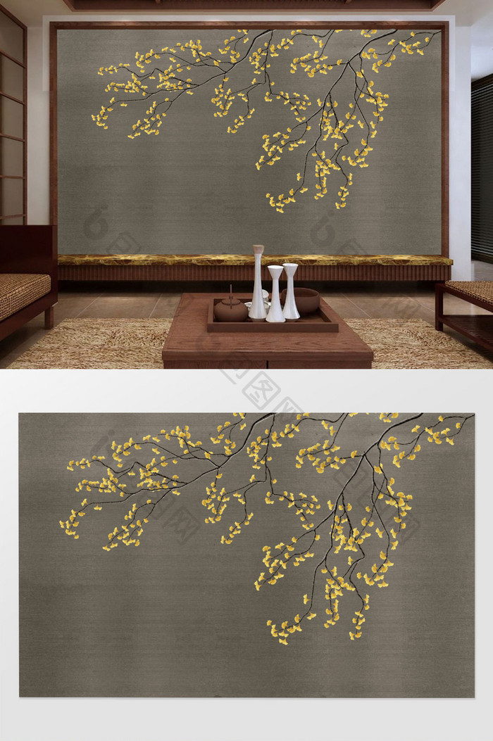 新中式山水手绘银杏叶花鸟电视背景墙