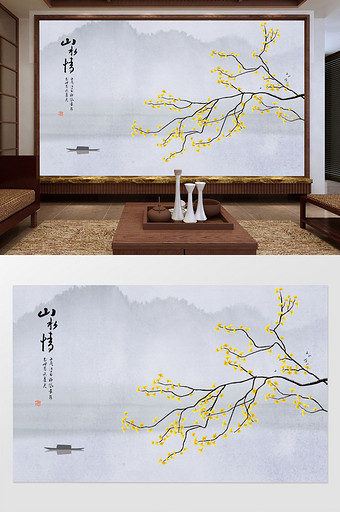 新中式山水工笔银杏叶电视背景墙图片