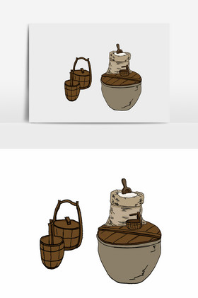 淡彩国画的木桶瓦罐
