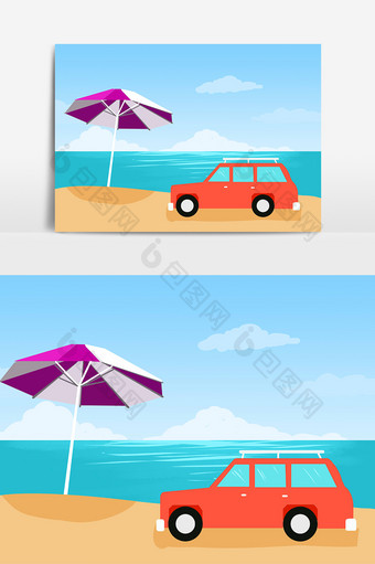 手绘卡通扁平海滩汽车元素图片