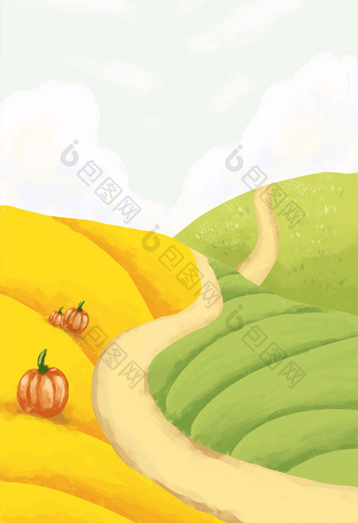 黄色立秋丰收农业道路卡通场景手绘背景插画