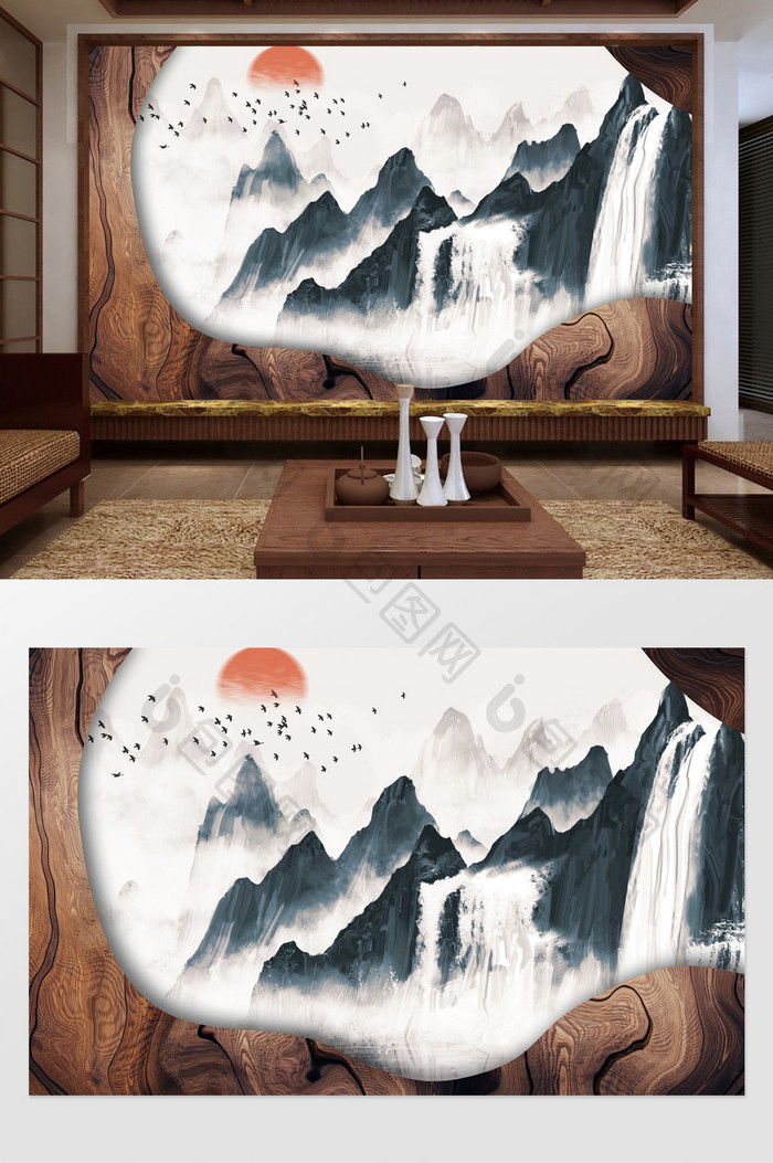 新中式木质纹理山水风景背景墙
