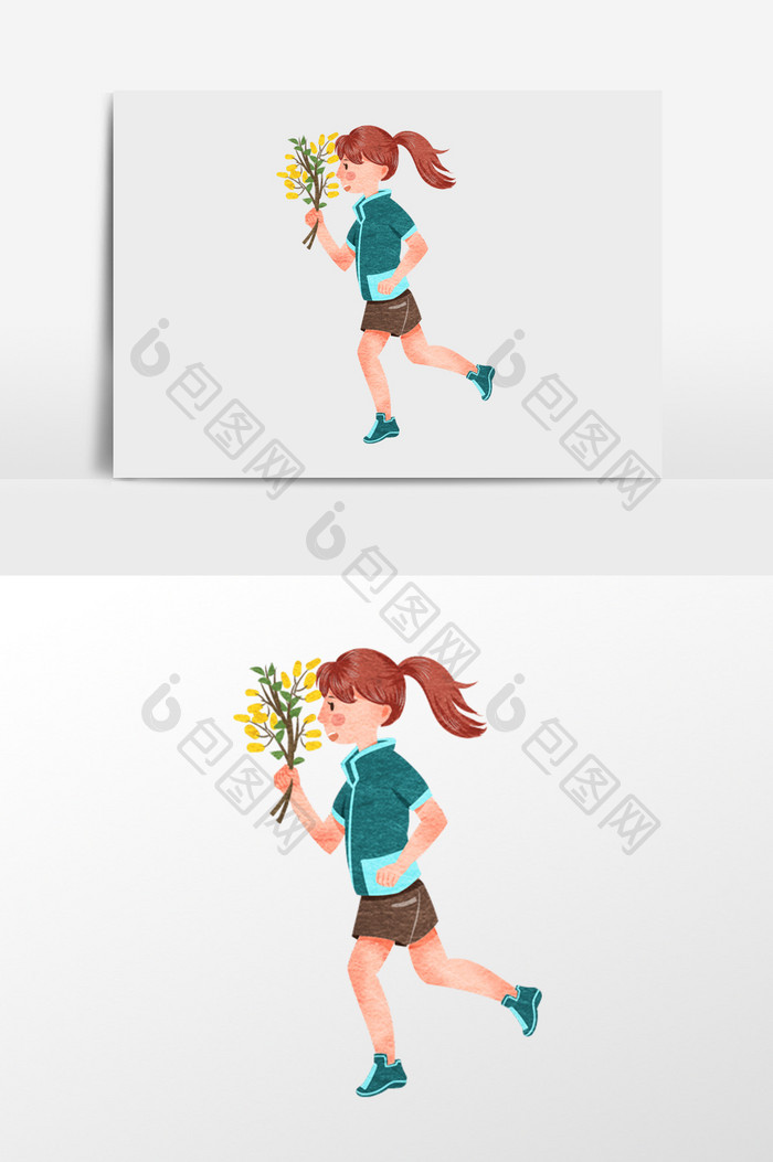 拿花跑步的女孩插画元素