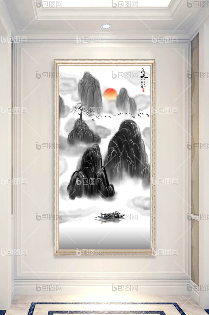 【新中式水墨意境山水画玄关装饰画】图片下载-包图网