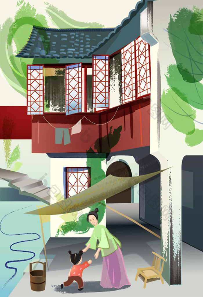 青绿小桥流水人家中国传统民居母子矢量插图